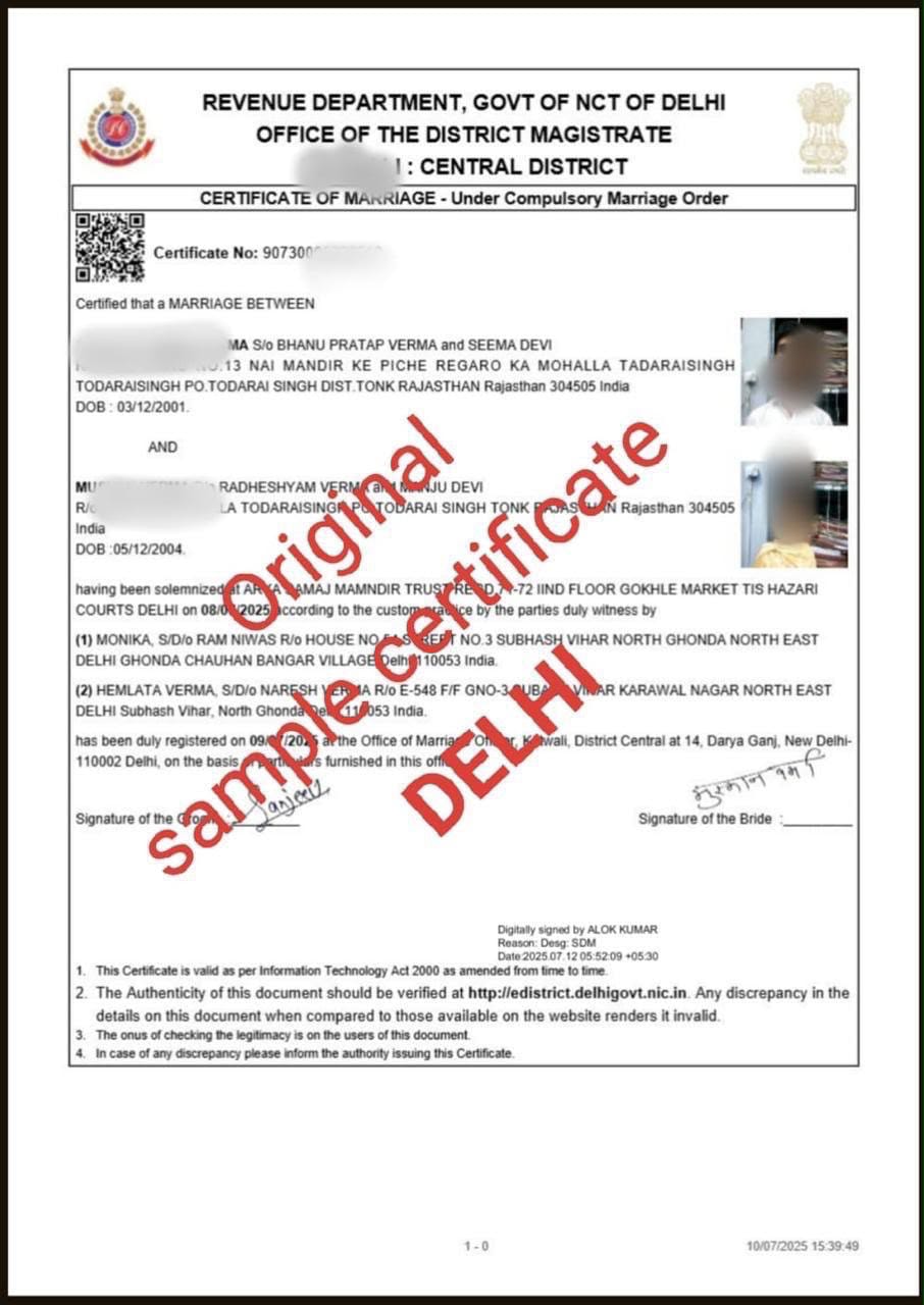 Reference image of a Delhi marriage certificate with personal details obscured